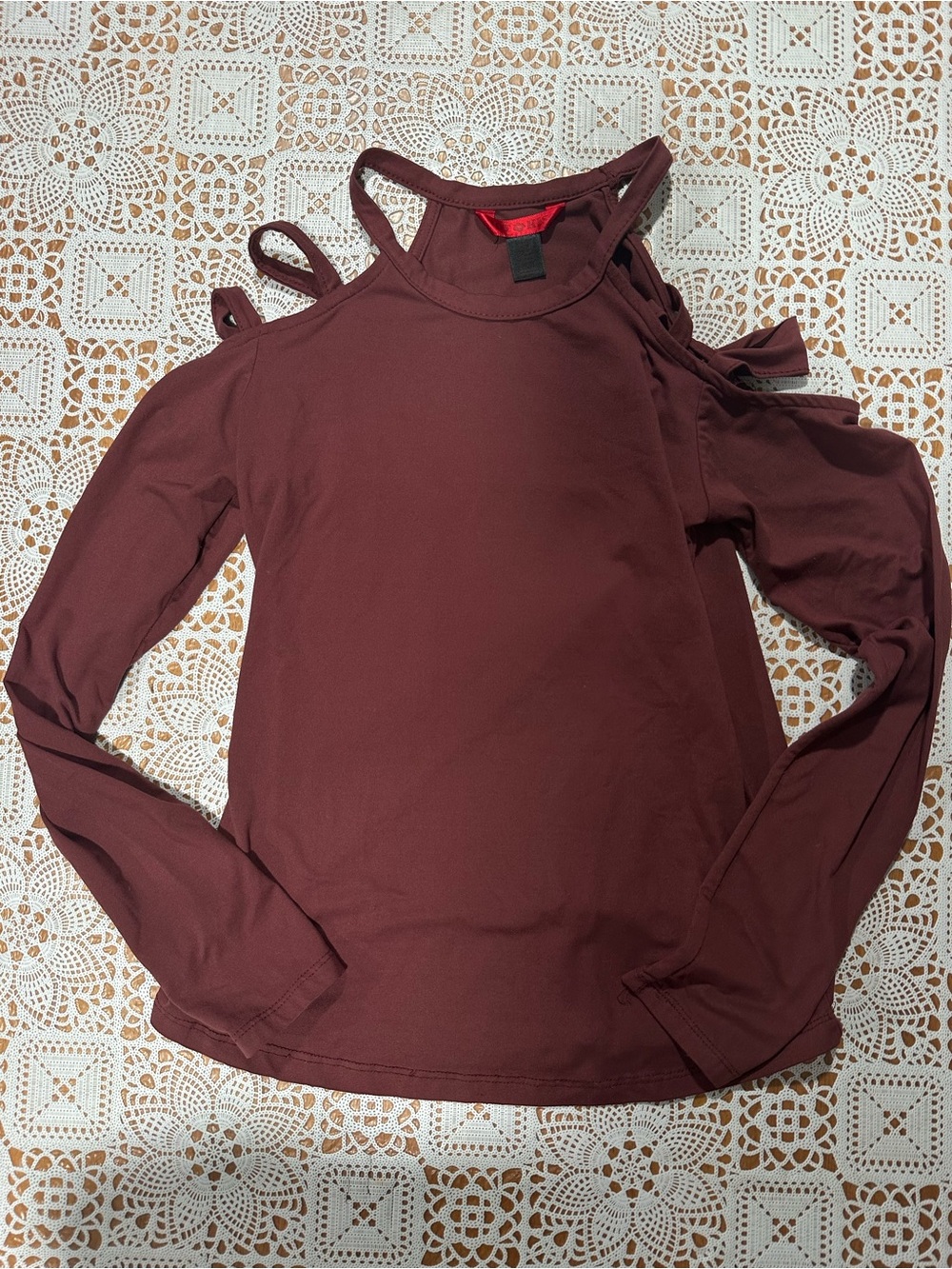 Hot Kiss Medium Burgundy Strappy Cold Shoulder Long Sleeve Top